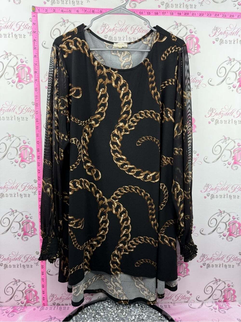 Laura blouse sheer detail sleeve Black Long-Sleeve Tunic with Gold Chain Print